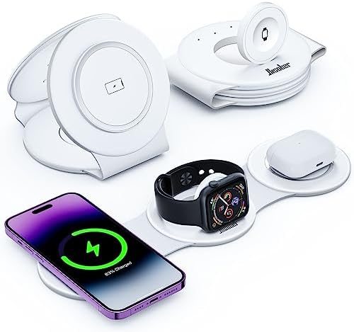 Hicober 3 in 1 Wireless Charging Station for iPhone 15, Magnetic Foldable Travel Charger Station Stand 18W for iPhone 15 14 13 12 Pro/Max/Plus/Apple Watch All Series & Airpods
