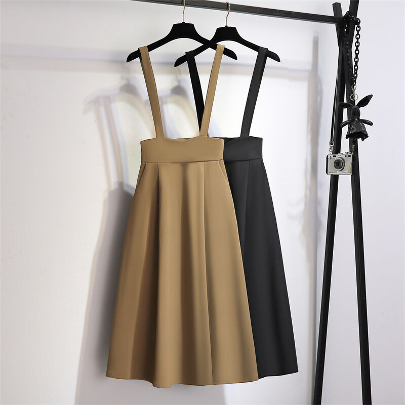 Stylish Suspender Skirt Women's Mid Length Long Length Suit Skirt Summer Slimming High Waist A- line Umbrella Skirt Drape Black Skirt