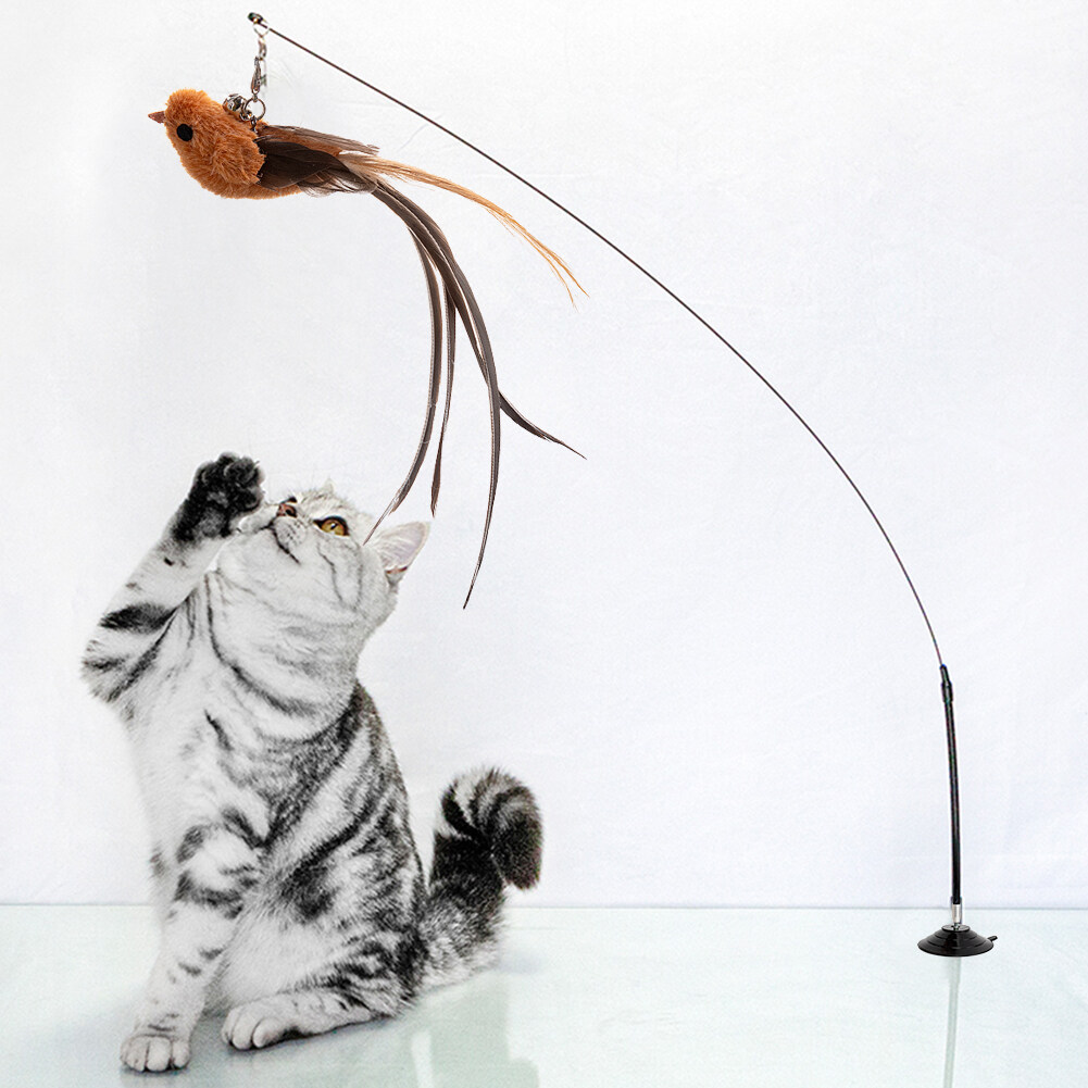 BETOP Cat Simulation Bird Interactive Toys Funny Feather Bird with Bell Cat Stick Toy for Kitten Playing Teaser Wand Toy Cat Supplies suck the ground long pole